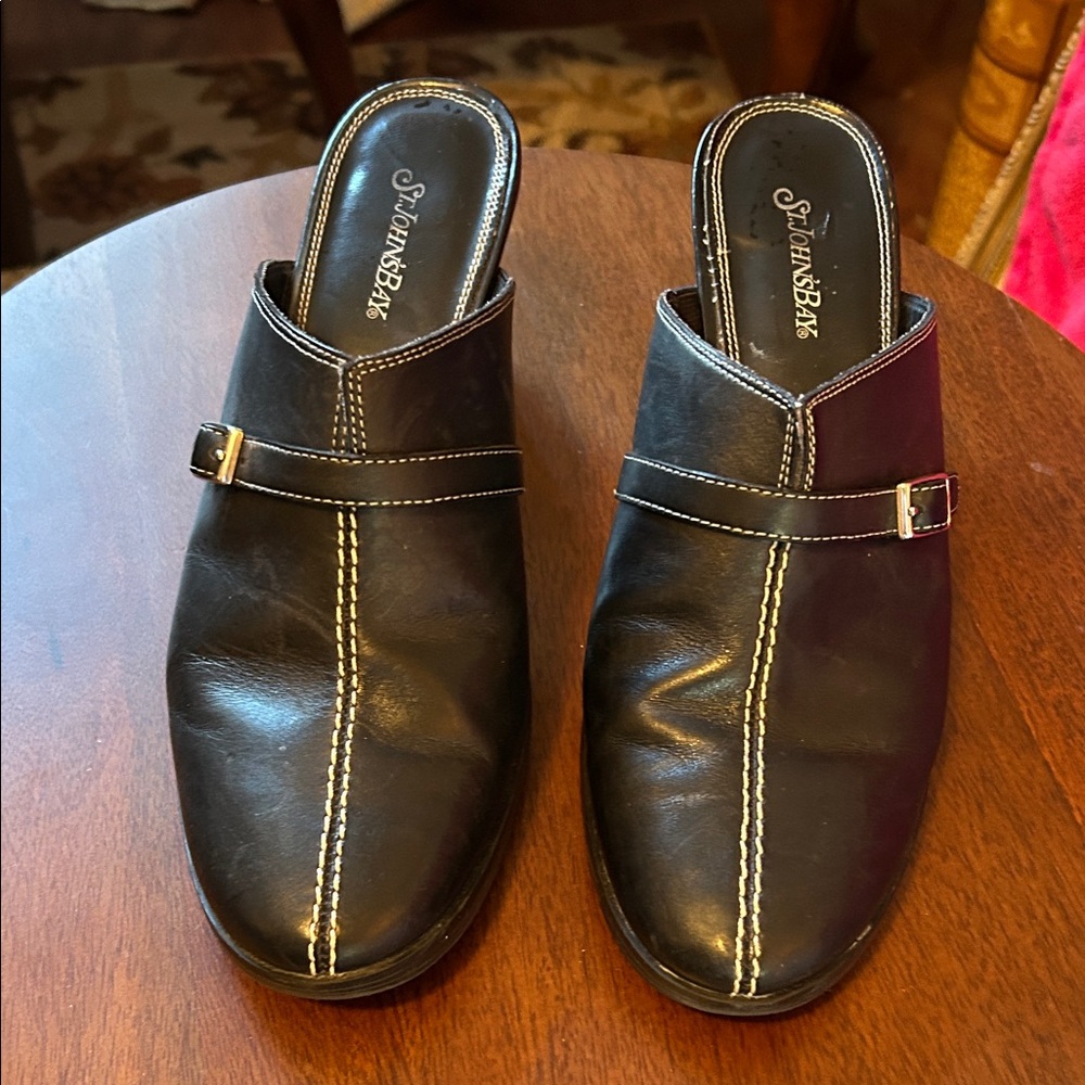 SAS Black Leather Mules with Stitch Detail